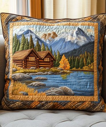 Autumn Mountain Lake Quilted Pillow Cover - Scenic Fall Landscape Decorative Pillowcase For Cabin, Cozy Lakeside Decor