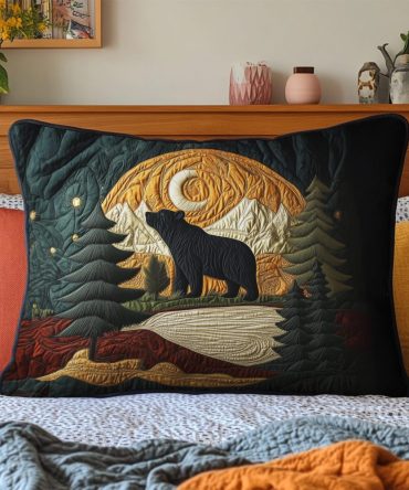Mountain Bear Quilted Pillowcase — Rustic Cabin Decorative Throw Pillow Cover, Cozy Quilted Accent For Lodge, Bedroom & Living Room
