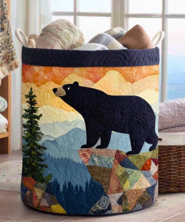 Mountain Bear Quilted Laundry Hamper - Rustic Cabin-Style Fabric Basket, Durable & Collapsible Storage For Bedroom Or Lodge