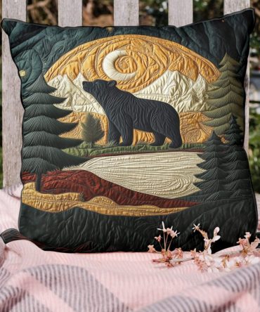 Mountain Bear Quilted Throw Pillow Cover — Rustic Wilderness Cushion Case For Cabin, Lodge & Woodland-Themed Home Decor