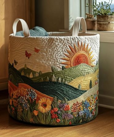 Mountain Bloom Quilted Laundry Basket — Durable Fabric Hamper With Reinforced Handles For Stylish Home, Nursery & Toy Storage