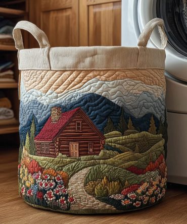 Mountain Cabin Quilted Laundry Bin – Heavy-Duty Fabric Hamper For Rustic Home Décor, Foldable Storage Basket With Comfortable Handles
