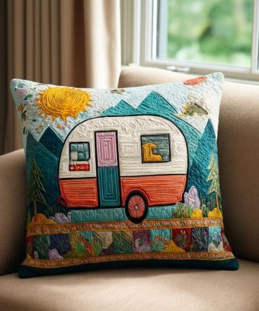 Mountain Camper Quilted Pillow Cover — Outdoorsy Throw Pillowcase With Adventure Motif And Durable Quilting For Cabin, Rv & Patio Spaces