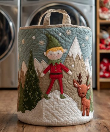 Mountain Elf Adventure Quilted Laundry Hamper - Whimsical Woodland Fabric Basket With Handles, Foldable Padded Organizer For Kids' Rooms