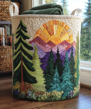 Mountain Glow Quilted Fabric Laundry Hamper — Scenic Foldable Laundry Basket With Handles For Cabin, Lodge & Rustic Home Storage