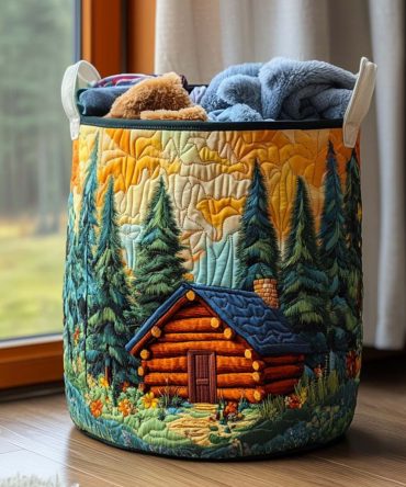 Large Quilted Laundry Hamper - Mountain Hideaway Fabric Storage Basket With Handles, Foldable & Durable Home Laundry Organizer