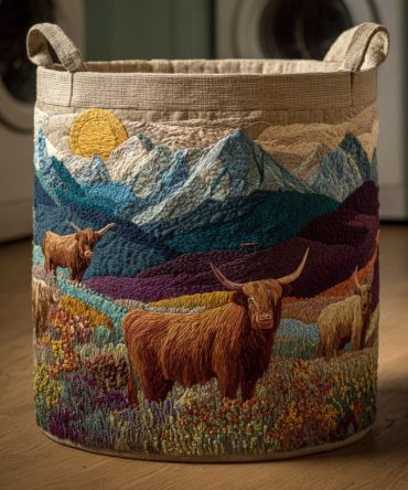 Highland Cow Quilted Laundry Hamper — Rustic Mountain Cabin Storage Basket, Sturdy Handles & Collapsible Design For Home Decor