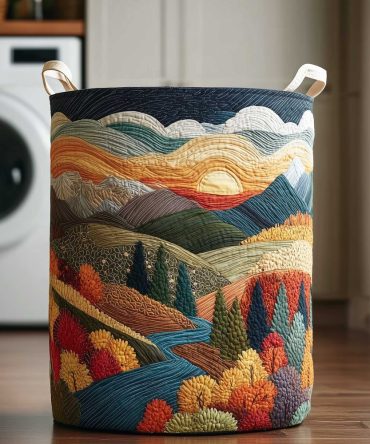 Mountain Horizon Quilted Laundry Hamper - Large Foldable Fabric Basket With Alpine Print, Reinforced Handles, Durable Home Storage