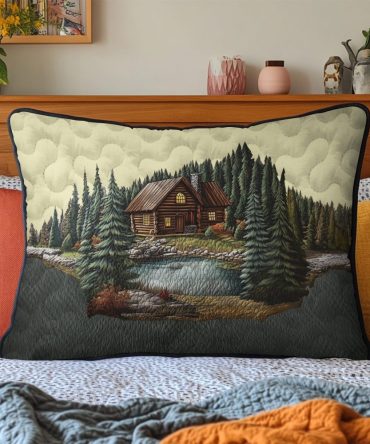 Mountain Log Cabin Quilted Pillow Cover — Rustic Cabin-Style Decorative Pillowcase For Cozy Bedrooms, Cabins & Living Areas
