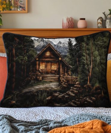 Mountain Log Cabin Quilted Pillow Sham — Classic Cabin Decorative Pillowcase, Durable Cotton-Blend, Hypoallergenic & Easy Care Accent For Rustic Interiors