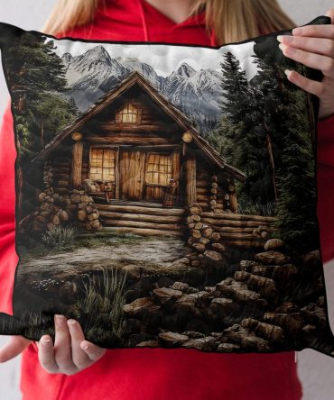 Mountain Log Cabin Quilted Pillow Cover - Rustic Cabin Decorative Pillowcase For Lodge, Cozy Woodland Home Accent