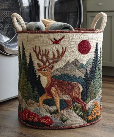 Mountain Reindeer Quilted Laundry Hamper — Lodge-Inspired Reindeer Print Cotton Basket, Collapsible With Reinforced Handles For Cozy Rustic Storage
