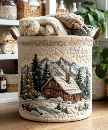 Mountain Retreat Quilted Laundry Hamper — Scenic Foldable Fabric Basket With Comfortable Handles, Roomy & Durable Design