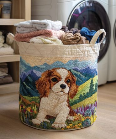 Mountain Spaniel Quilted Laundry Hamper — Rustic Mountain Scene With Spaniel Motif, Foldable Padded Fabric Basket & Washable Liner