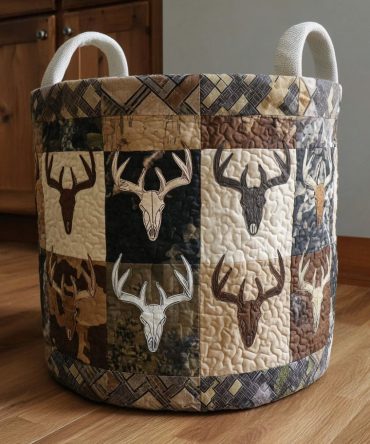 Mountain Stag Quilted Laundry Hamper — Mountain Stag Pattern Fabric Basket, Collapsible Laundry Organizer With Reinforced Handles