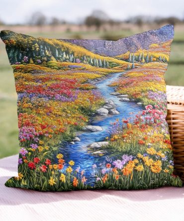 Mountain Stream Bliss Quilted Pillow Cover — Serene Nature-Inspired Cotton-Blend Accent For Cabin, Lodge & Cozy Living Spaces
