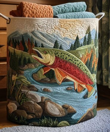 Mountain Stream Quilted Laundry Hamper – Large Decorative Fabric Basket, Foldable Cotton Blend Storage With Sturdy Handles