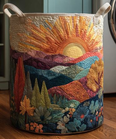 Mountain Sun Quilted Laundry Hamper — Rustic Outdoor-Inspired Fabric Basket With Handles, Collapsible Laundry Storage For Home