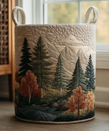Mountain View Quilted Fabric Laundry Hamper — Scenic Pattern Decorative Laundry Bin With Reinforced Handles For Rustic & Modern Homes