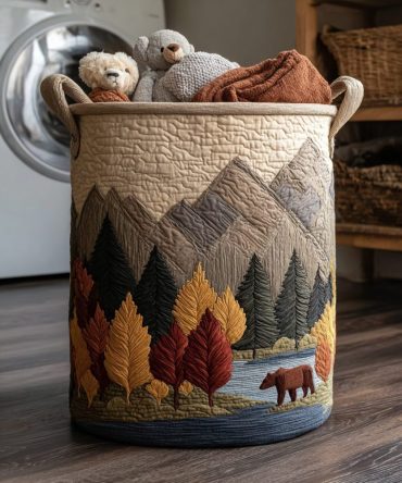 Mountain View Quilted Laundry Hamper - Scenic Outdoors Fabric Basket, Portable Foldable Hamper With Sturdy Handles For Home & Cabin Storage