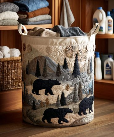 Mountain-Print Quilted Laundry Hamper — Large Foldable Cotton-Blend Hamper With Reinforced Handles, Water-Resistant Lining For Home