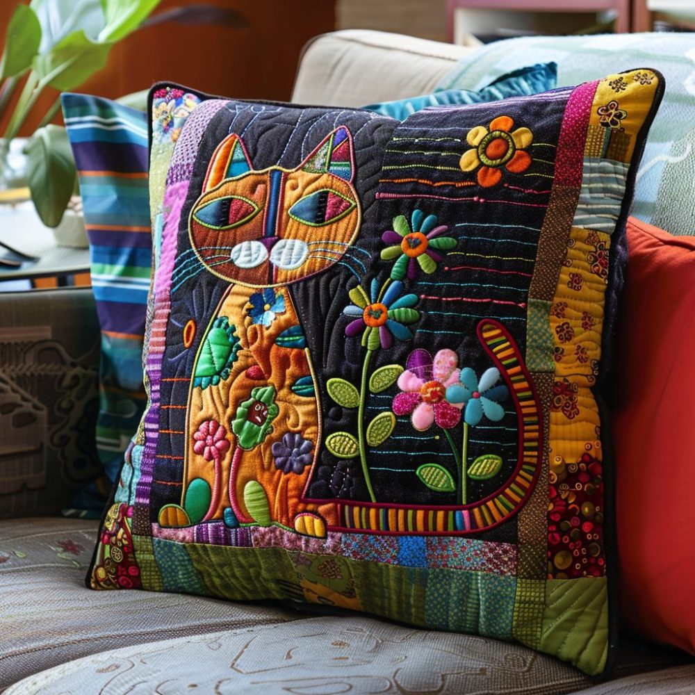 Multicolor Cats Quilted Pillow Cover - Bold Decorative Pillow Sham, Playful Pattern, Soft Cotton, Perfect Gift For Cat Lovers