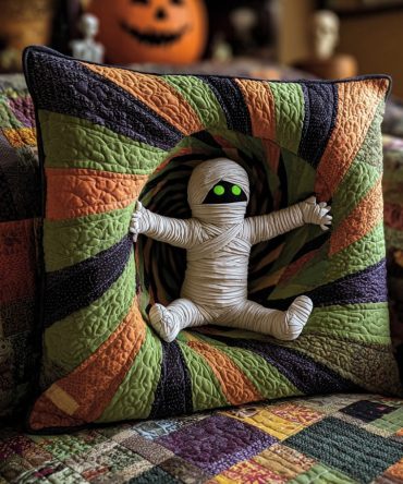 Mummy Hollow Quilted Pillow Cover — Haunted Mummy Halloween Throw Pillow Case, Quilted Spooky Sham With Hidden Zipper, Creepy Seasonal Accent