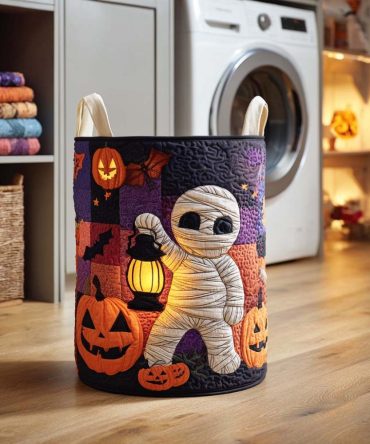 Mummy Secret Spooky Quilted Laundry Hamper – Halloween-Themed Collapsible Fabric Basket, Large Capacity Durable Hamper With Handles For Parties & Decor