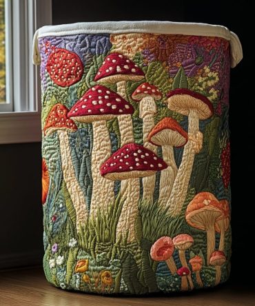 Mushroom Field Quilted Laundry Hamper — Cozy Foldable Fabric Laundry Basket With Handles, Sturdy Decorative Organizer For Home & Nursery