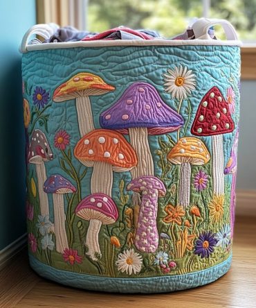 Mushroom Garden Quilted Laundry Hamper — Decorative Large Fabric Laundry Basket, Foldable Storage Bin With Handles For Everyday Use