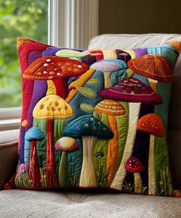 Mushroom Garden Quilted Throw Pillow Cover — Whimsical Fungi Print, Soft Quilting, Durable Fabric, Hidden Zipper, Machine-Washable Cottagecore Accent