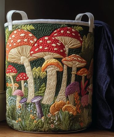 Mushroom Glow Quilted Laundry Hamper — Soft-Quilted Foldable Laundry Basket With Handles, Stylish Fabric Storage For Home Organization