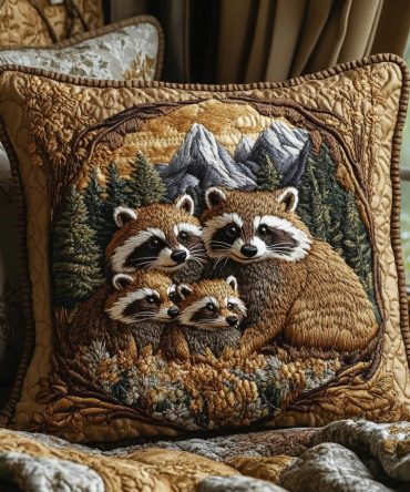 Mushroom Grove Raccoon Quilted Pillow Cover – Whimsical Woodland Scene, Soft Textured Quilting, Cozy Accent For Home & Cabin