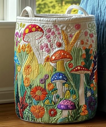 Mushroom Meadow Quilted Laundry Hamper — Whimsical Forest Print Foldable Storage Basket With Durable Handles & Machine-Washable Liner