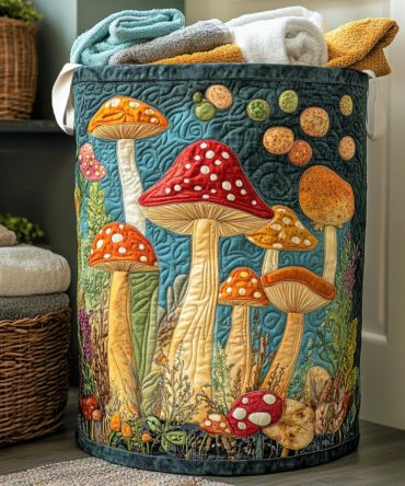 Mushroom Meadow Quilted Laundry Hamper - Pastoral Collapsible Fabric Storage Basket With Reinforced Handles For Home