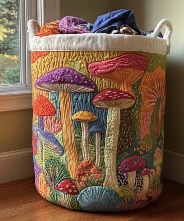 Mushroom Path Quilted Laundry Hamper — Rustic Foldable Fabric Laundry Basket With Reinforced Handles, Decorative Organizer For Home & Closet
