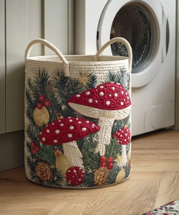 Mushroom Realm Quilted Laundry Hamper — Forest Mushroom-Print Foldable Storage Basket With Handles, Durable Decorative Organizer