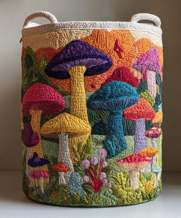 Mushroom Rise Quilted Laundry Hamper — Retro Fungi Pattern Storage Basket For Dorms & Apartments, Quilted Durability & Carry Handles
