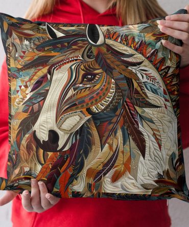 Vintage Mustang Quilted Pillow Cover - Horse Print Decorative Throw Pillow Sham, Rustic Western Bedroom Accent, Soft Cotton Blend