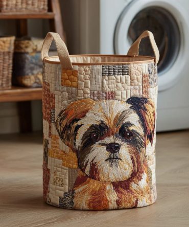 Muted Shih Tzu Quilted Laundry Hamper – Subtle Neutral Dog Print Storage Basket, Foldable Fabric Hamper With Comfortable Handles