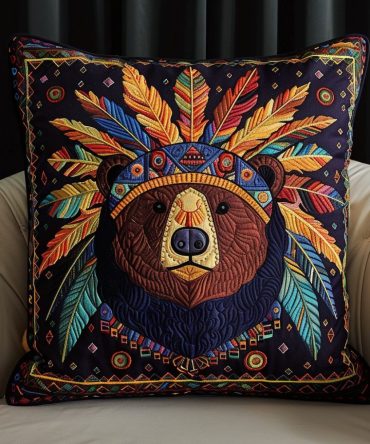 Mystic Bear Quilted Pillow Cover — Woodland Mystic Decorative Cushion Case, Cozy Cotton Blend, Rugged Rustic Accent, Machine Washable