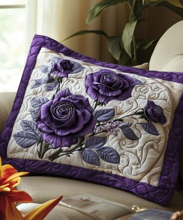 Mystic Violet Rose Quilted Accent Pillow Cover — Romantic Violet Rose Motif, Soft Quilted Throw Sham For Bedroom & Living Room Styling