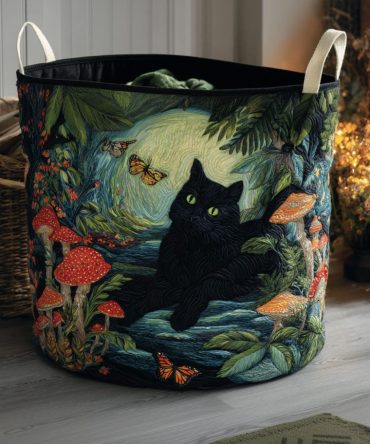 Whimsical Cat Meadow Quilted Laundry Hamper — Collapsible Fabric Basket For Kids, Stylish Durable Home Storage