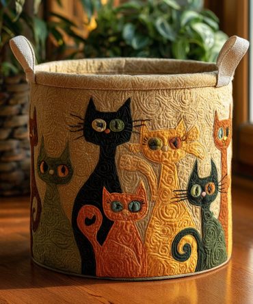 Mystic Cats Quilted Laundry Hamper — Artistic Cat Pattern Collapsible Basket With Sturdy Handles For Fashionable & Functional Storage