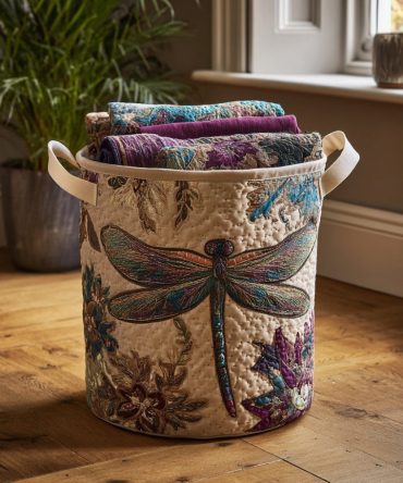 Mystic Dragonfly Quilted Fabric Laundry Hamper — Elegant Collapsible Laundry Basket With Handles For Stylish Home Organization