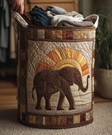 Mystic Elephant Quilted Laundry Hamper — Boho Elephant Motif, Foldable Fabric Basket With Handles For Nursery & Bedroom
