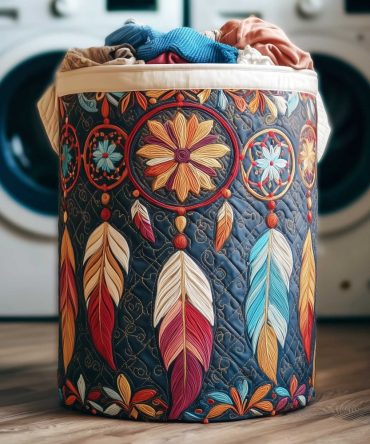 Mystic Feathers Dreamcatcher Quilted Laundry Basket , Large Foldable Hamper With Soft Quilting & Carry Handles For Boho Chic Bedrooms & Gifts