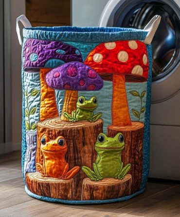 Mystic Frog Shrooms Quilted Laundry Hamper — Whimsical Collapsible Laundry Basket For Kids, Decorative Fabric Storage With Reinforced Handles