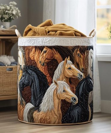 Mystic Horse Quilted Laundry Hamper — Elegant Equestrian Print Collapsible Organizer, Durable Washable Storage For Bedroom & Stable