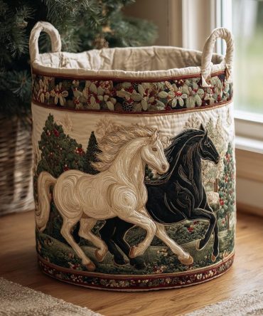 Mystic Horse Quilted Fabric Laundry Hamper — Elegant Foldable Laundry Basket With Handles For Horse Lovers, Bedrooms & Stables